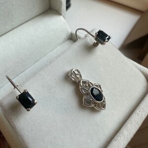 Vintage sterling silver and sapphire art deco pendant and earring set.